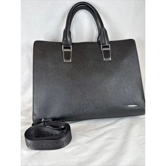 BOSTANTEN Saffiano Leather Briefcase Laptop Bag Black Tan Shoulder Strap Tote
