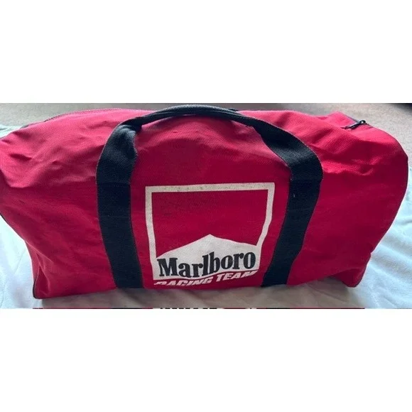 Vintage Marlboro Racing Team Duffel Bag Red Canvas Travel Gym Bag 90s Retro