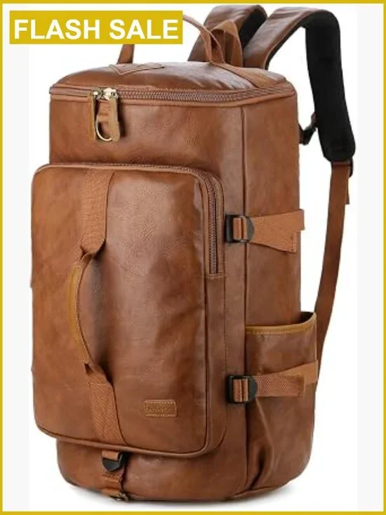 Men's Vegan Leather Travel Duffel Backpack 3-Ways Convertible Weekender Bag