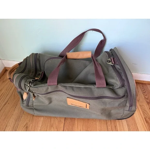 VTG LL Bean Rolling Duffel Bag Canvas‎ Green Leather Trim Embroidered Carryon