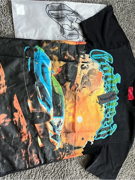 Graphic Racing Sunset Tee in Black & Orange