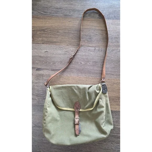 Vintage Military Green Army Canvas Messenger Tote Bag Leather Strap Buckle READ