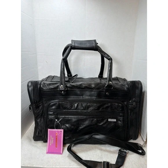 Embassy Tote Bag Unisex 17 Inch Black Genuine Patch Leather Duffle LULTS2 NWT