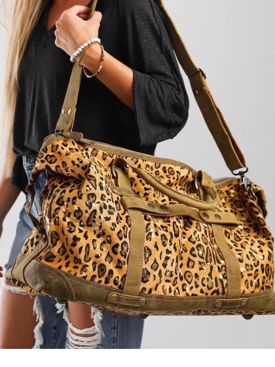 Myra Leopard Print Leather Travel Duffel Bag - Brown Gold Black