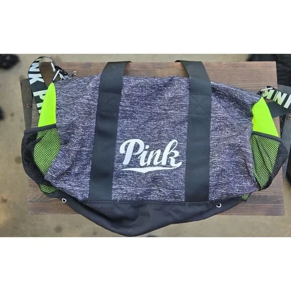 PINK Victoria's Secret Duffle Bag Gray Neon Gym Weekender Travel 19x12x7