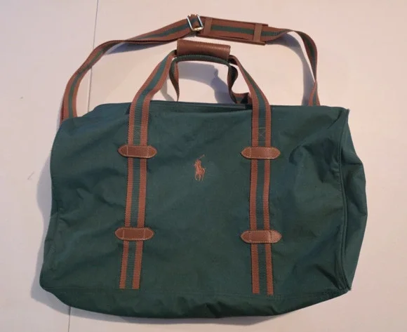 Polo Ralph Lauren Green Duffle Bag w/ Adjustable Straps, Brown Accents
