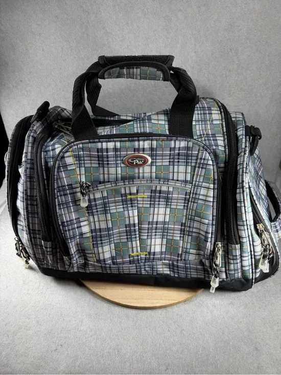 California Pak Green Plaid Multi-Pocket Travel Duffel Bag Weekender Carry-On