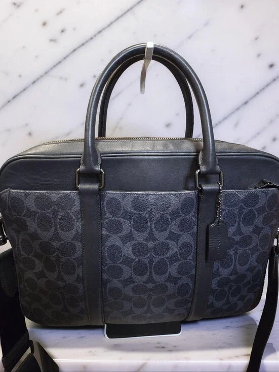 Coach Perry Slim Briefcase Signature Canvas Black Charcoal