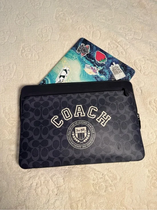 Coach Navy and Black Signature Laptop Sleeve with Logo Crest