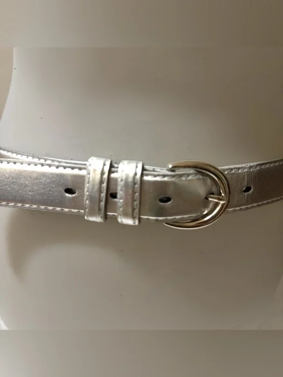 Genuine Leather Metallic Silver Skinny Belt Silver Tone Buckle 1” x 40”