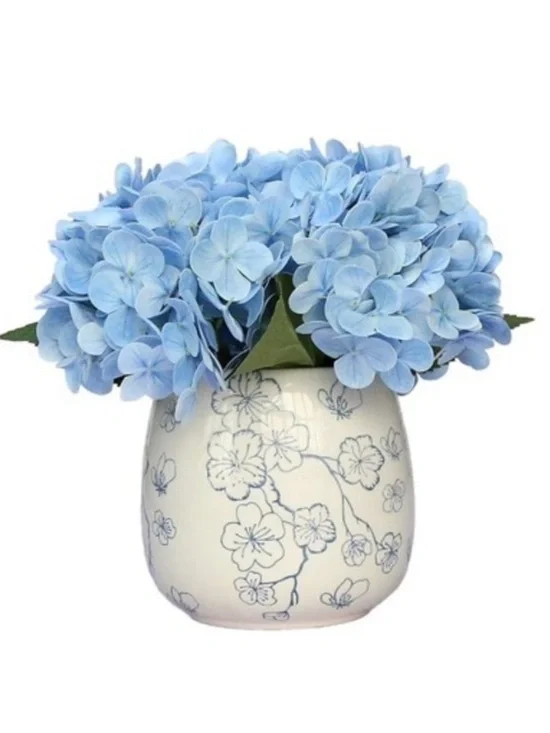 My Texas House Faux Hydrangeas in Floral Vase, Blue and White, 9.5