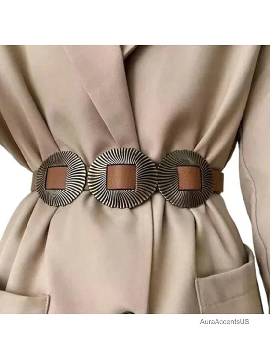 Western Skinny Belt with Wide Disc Conchos Faux Leather Fashion Dress Belt