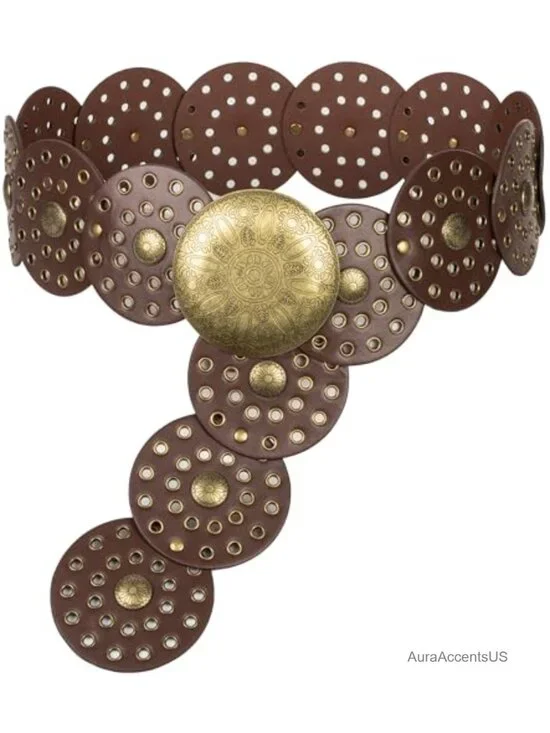 Vintage PU Leather Western Disc Concho Belt Wide Cowgirl Belt