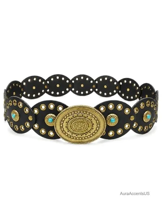 Vintage Concho Cowgirl Belt for Women, Faux Leather PU Leather Disc Belt