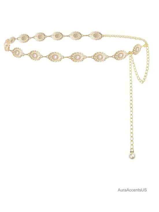 Women Western Concho Chain Belt with Floral Pattern
