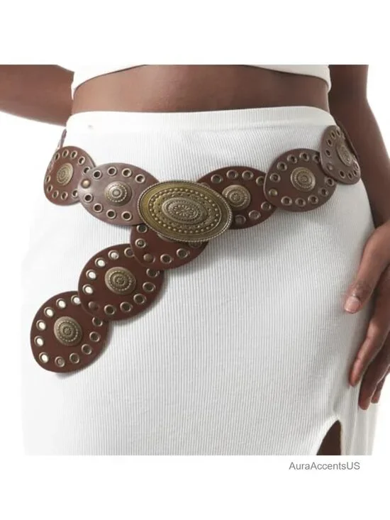 Women Boho Metal Concho Belt - Cowgirl Chain Belt for Dresses Jeans