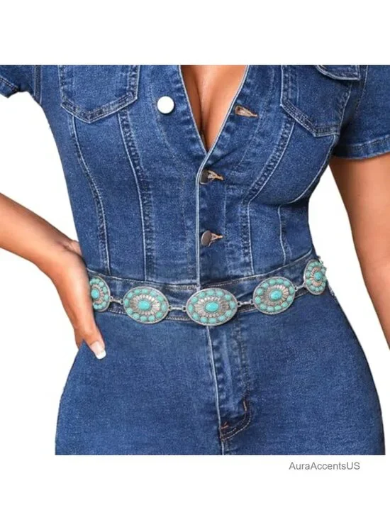 Western Metal Concho Turquoise Chain Belt for Women Country Concerts