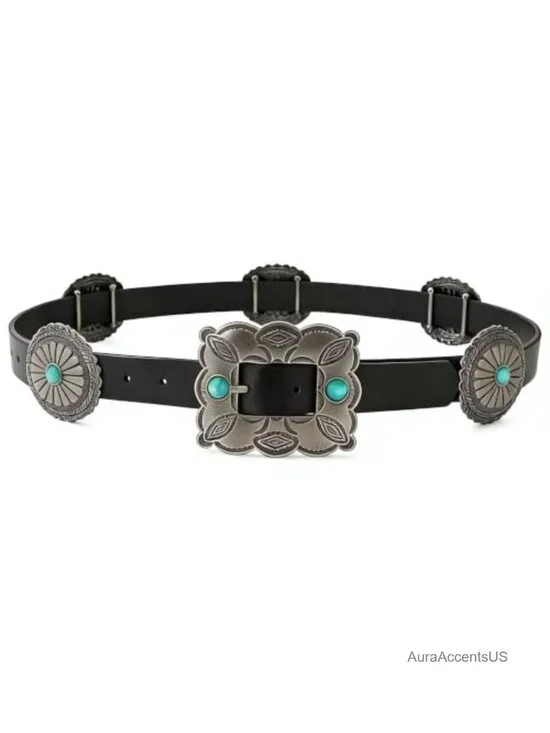 Faux Leather Western Belt with Turquoise Conchos Cowgirl Country Belt for Jeans