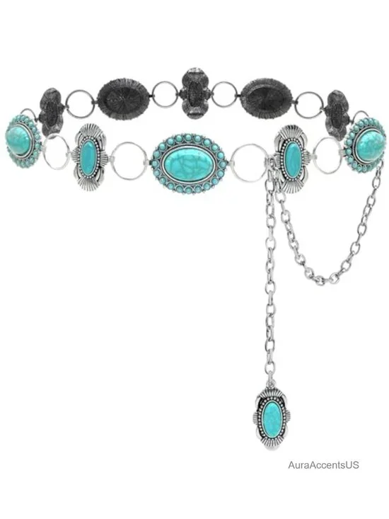 Vintage Western Turquoise Concho Chain Belt for Women