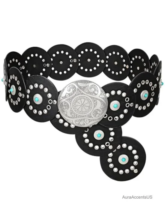 PU Leather Western Concho Belt for Women Cowgirl Boho Waist Belt