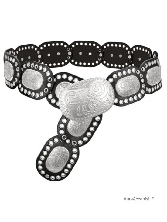 Faux Leather Western Disc Belt with Engraved Buckle for Jeans Dress