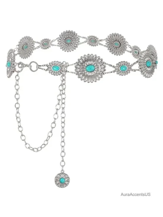 Western Concho Chain Belt Turquoise Metal Link with Lobster Claw Clasp for