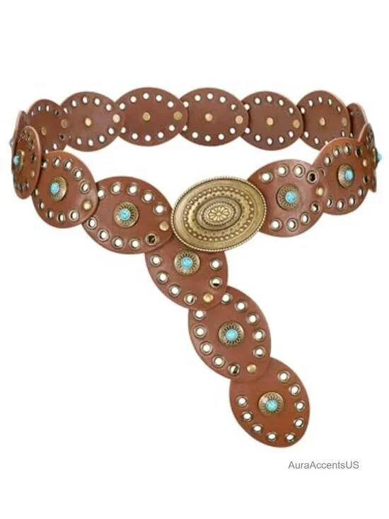 Wide Disc Belt with Turquoise Concho for Cowgirl Country Boho Concert