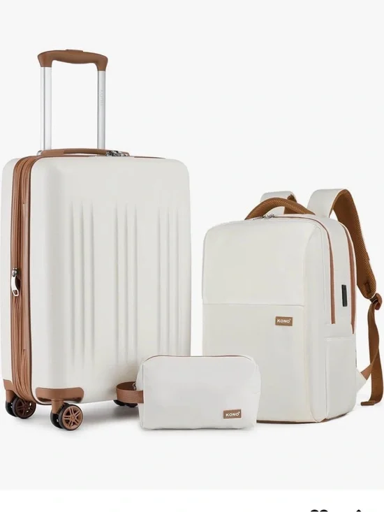 Kono White & Tan Travel Luggage 3 Piece Set - Carry-On Spinner, Backpack & Pouch