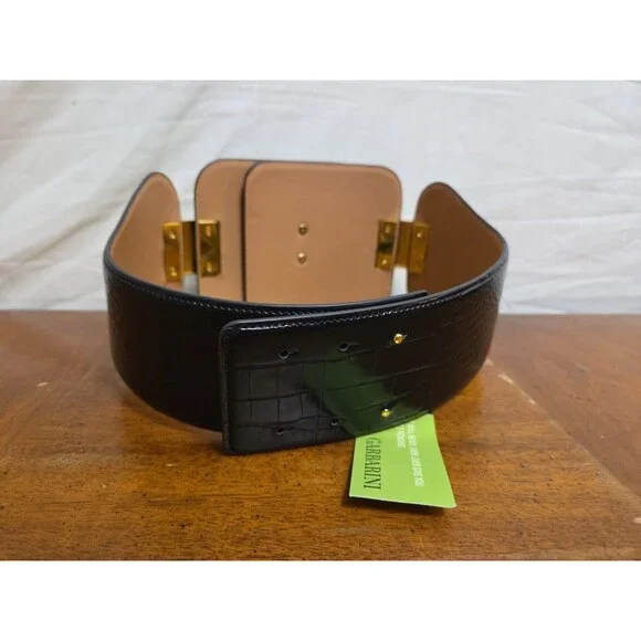 Elisabetta Franchi Black Vegan Leather Wide Belt 42 Gold Metal Logo Buckle NWT