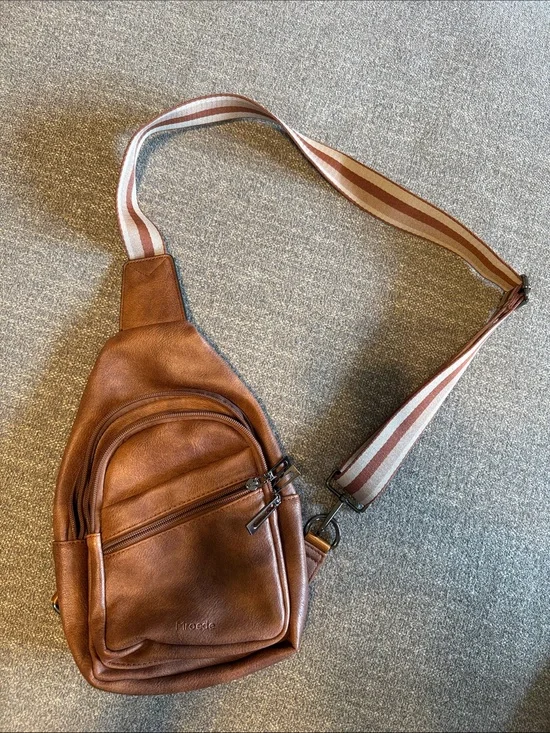 Men's Tan Leather Sling Bag with Striped Adjustable Strap