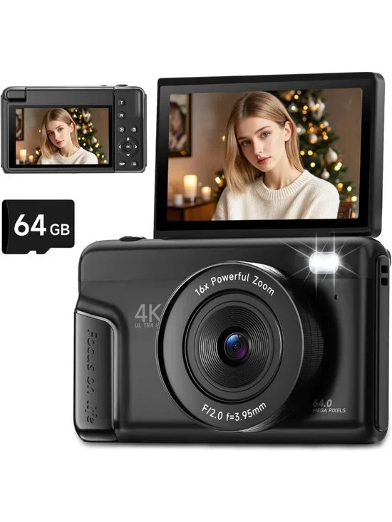 64MP 4K Digital Camera for Vlogging & Photography, 180° Flip Screen, 16X Zoom