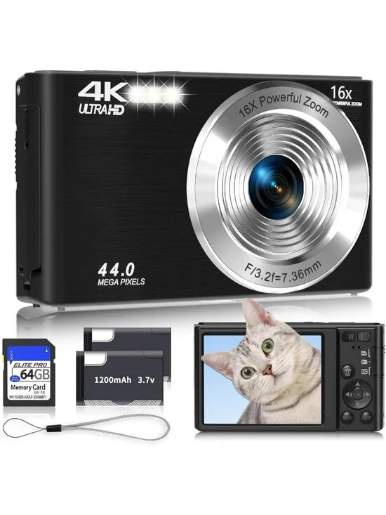 4K Digital Camera for Kids & Teens, Autofocus Point & Shoot, 16X Zoom, 64GB SD