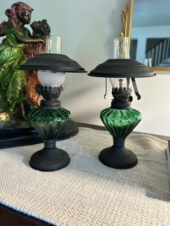 Vintage Green Glass Mini Oil Lamps | Set of 2