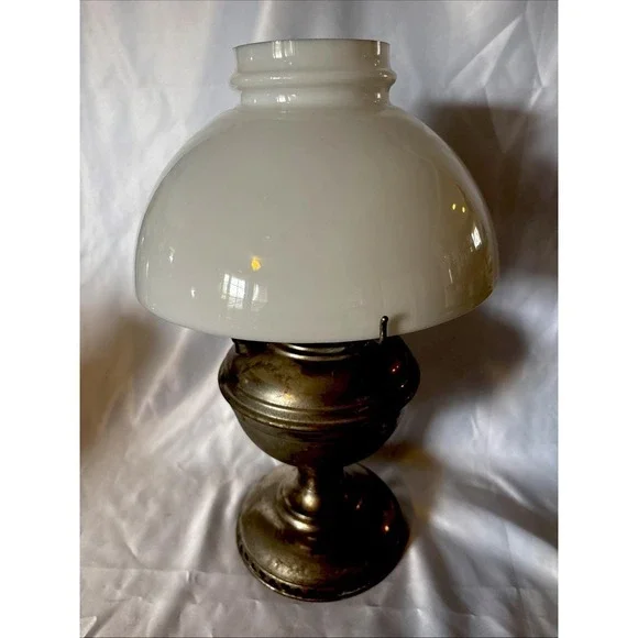 Vintage Nickle Plated Oil / Kerosene Lamp With White Glass Shade