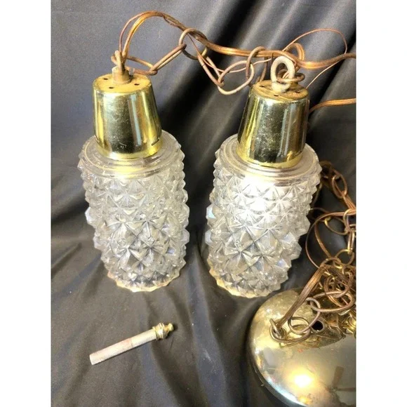 Vintage Double Pendant Ceiling Light Brass Plated Daisy Button Glass Hanging Fix