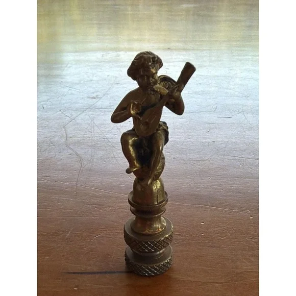 Vintage Solid Brass Cherub Playing Lute Lamp Finial