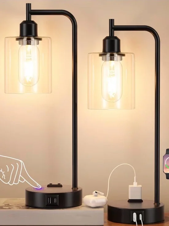 Modern Black Glass Shade Table Lamp with USB Charging - Black Set of 2