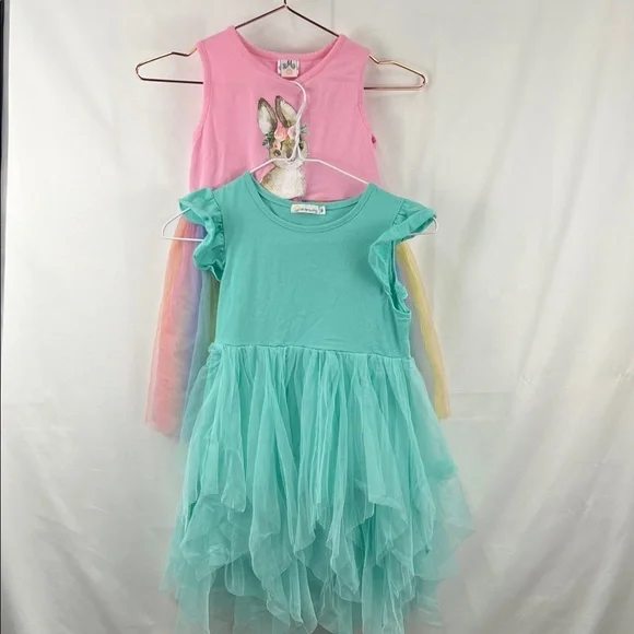 Girl’s Tutu Dress - 2 Pack - Pink Rainbow Bunny - Mint Green - Size 8