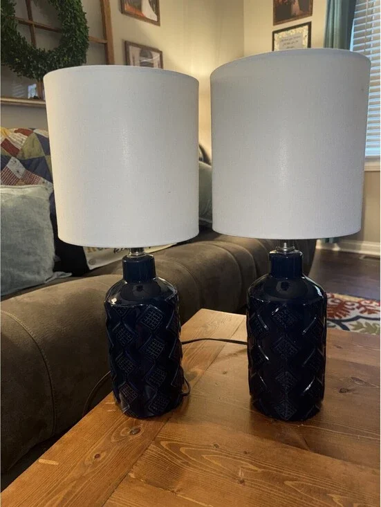 Set of 2 Navy Blue Ceramic Table Lamps Modern Diamond Geometric White Drum Shade