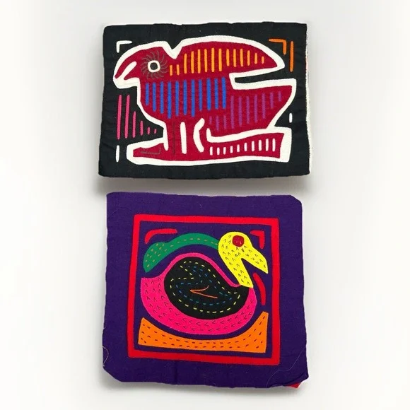 2 VTG Kuna Mola Hand Sewn Art Textile Fabric Folk Fabric Birds Duck Quilt‎ Block