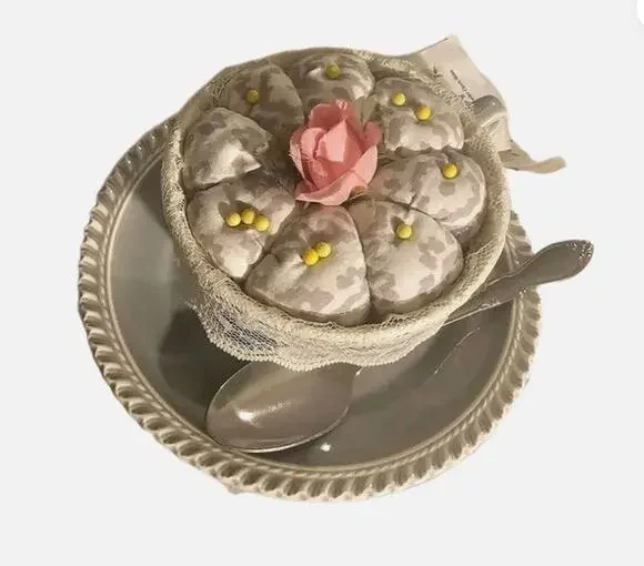 Pin Cushion Tea Cup Saucer Harkerware USA Spoon Rose Handmade Moroccan Pattern