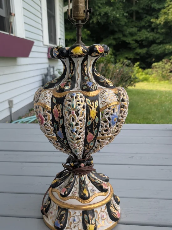 Decorative Black Floral Italian Porcelain Lamp with Gold Accents