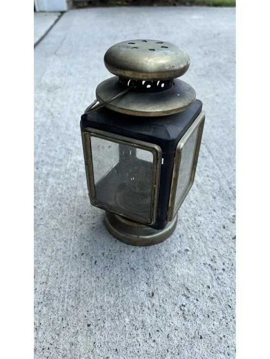 Antique Brass Oil Lantern Black Gold Metal Glass 8x4in Collectible Lamp Brass