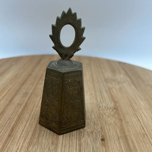 Vintage TINY SOLID BRASS HAND BELL Hand‎ Etched 4.5