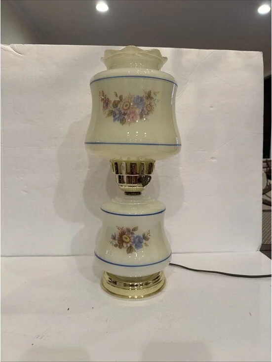 Vintage White Glass Floral Hurricane Table Lamp 1 Way Light Rewired 16.75”
