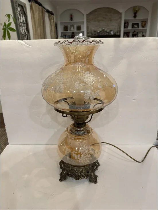 Vintage Hurricane Lamp Clear Smokey Glass White Flowers 3 Way GWTW 20” Tall