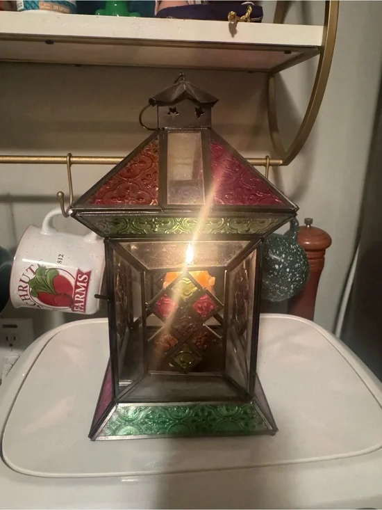 VTG Stained Glass Style Candle Lantern Multicolored Glass Metal Made In India