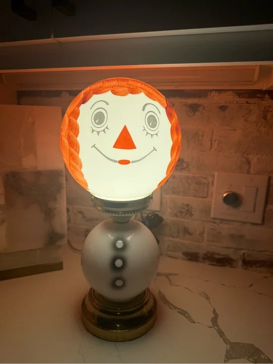 Vintage Raggedy Ann Inspired Milk Glass Face Lamp - Orange Accents