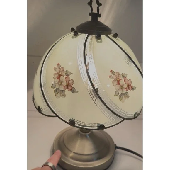Vintage 3-Way Gold Tone Touch Accent Lamp 6 Swoop Blue Floral Glass Panels 14