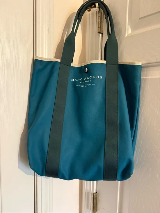 Marc Jacobs Teal Canvas Messenger Tote with Cream Trim